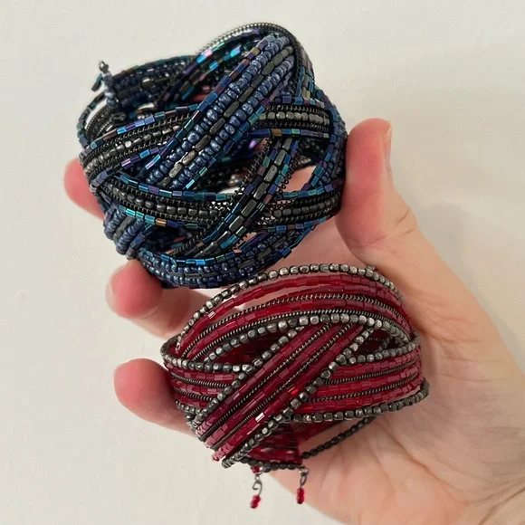 Vintage 90s Y2k Glass Seed Bead Wrap Bracelet Cuffs - Set of 2: Red & Blue - Picture 3 of 5